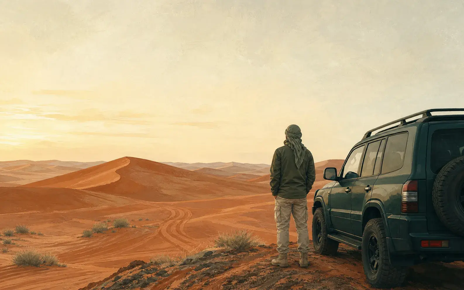 Illustrated desert operations team beside an off-road vehicle at dawn