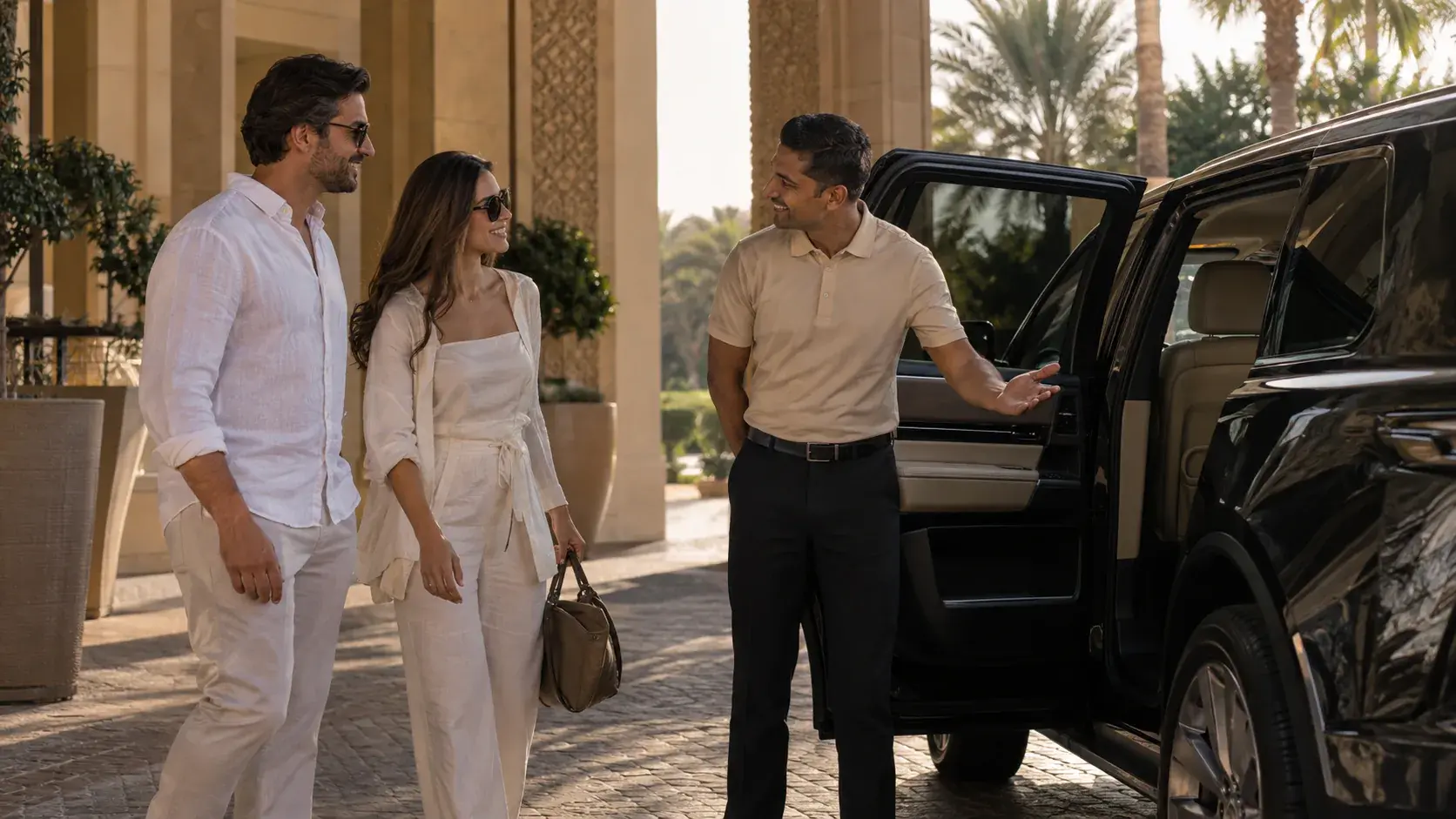 Illustration of a driver holding a 4x4 door open for two guests at a hotel entrance