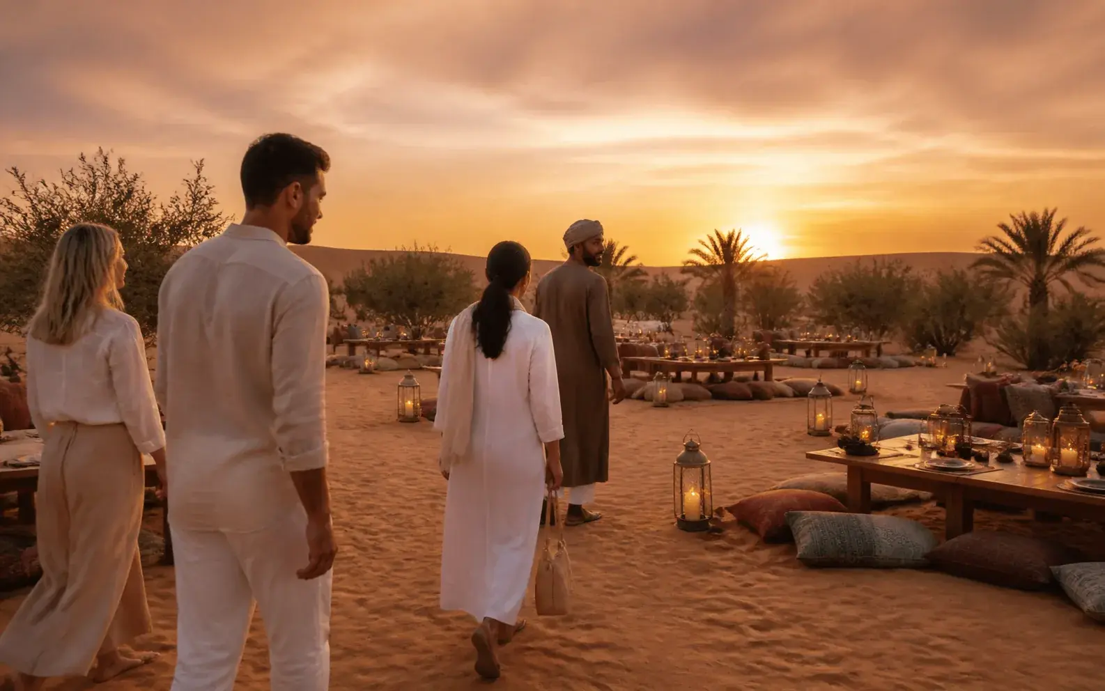 Guests arriving at a warmly lit desert camp just before sunset