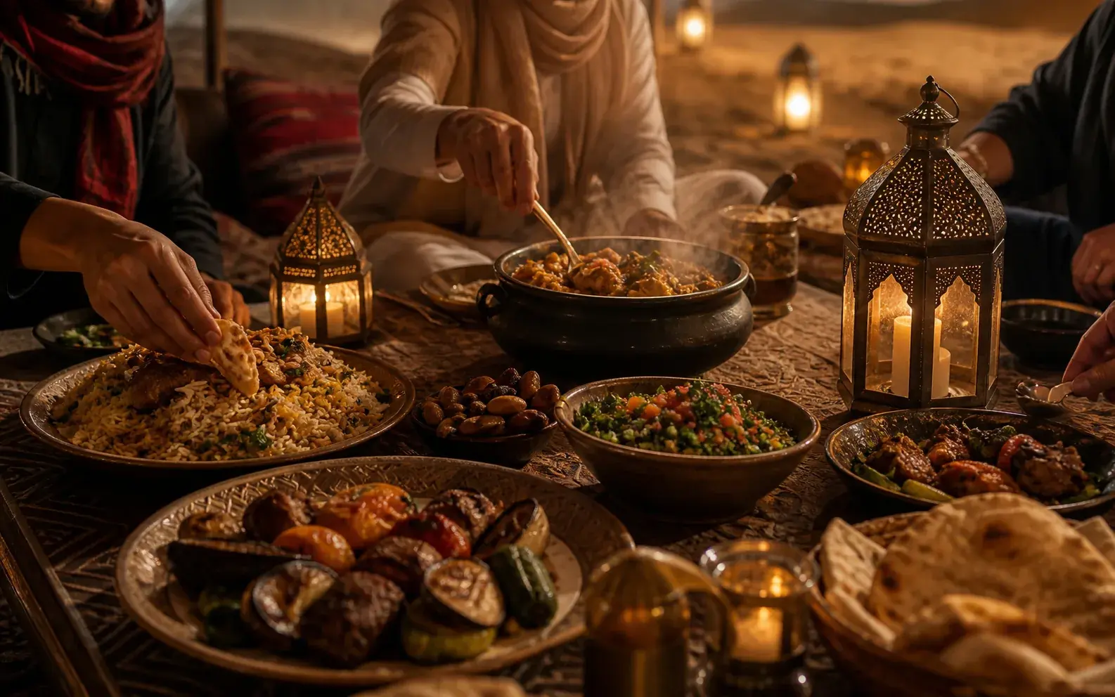 Freshly served dinner dishes on a desert table under lantern light