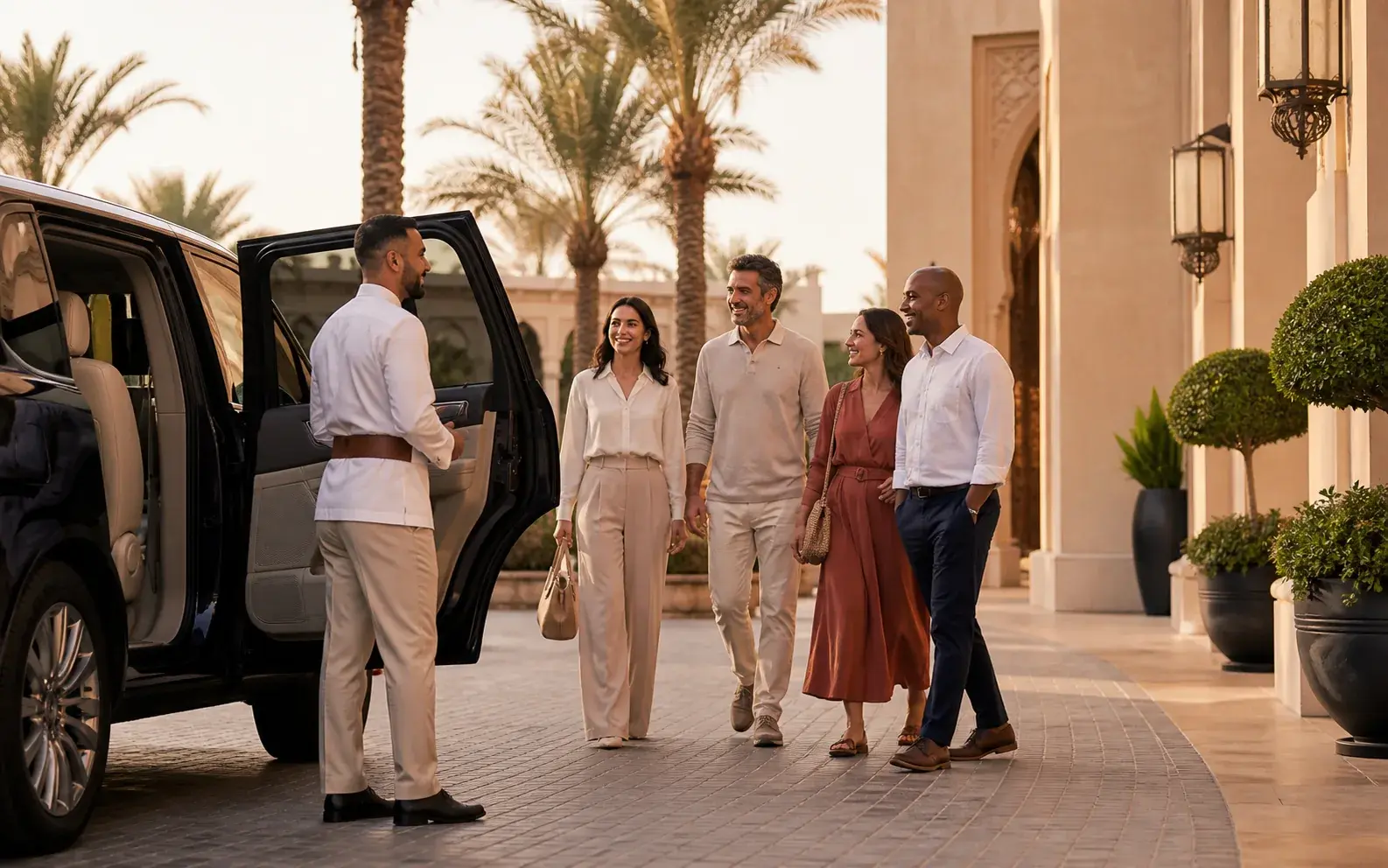 Guests meeting their driver beside a transfer vehicle in Dubai before a desert dinner