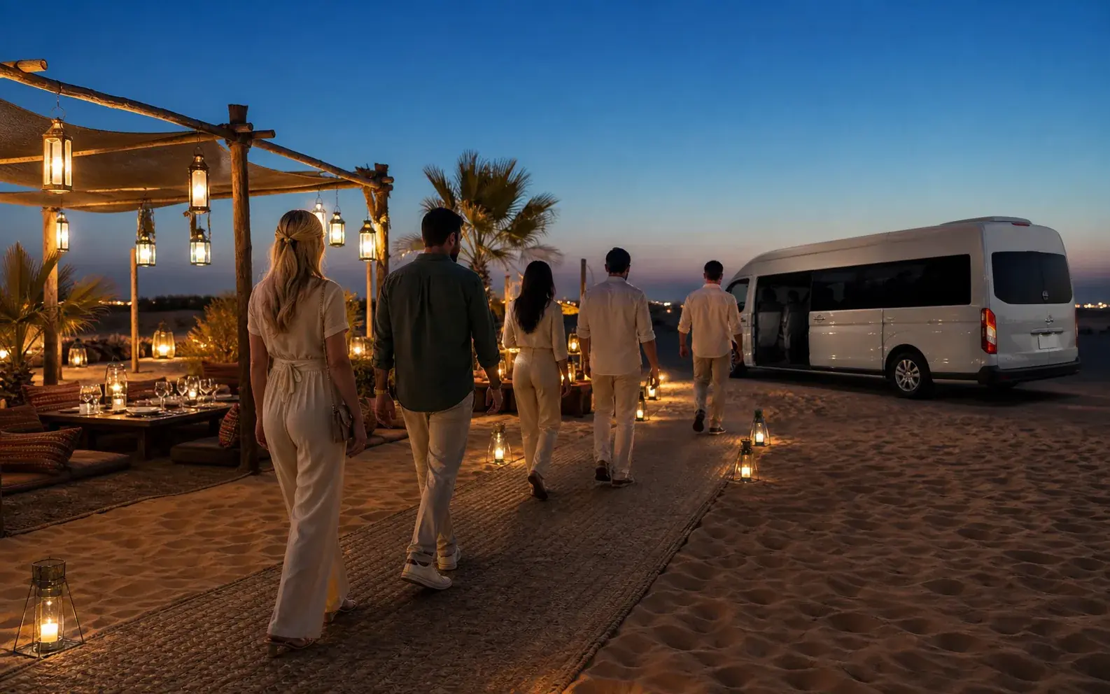 Guests leaving the quiet desert camp for the drive back to Dubai