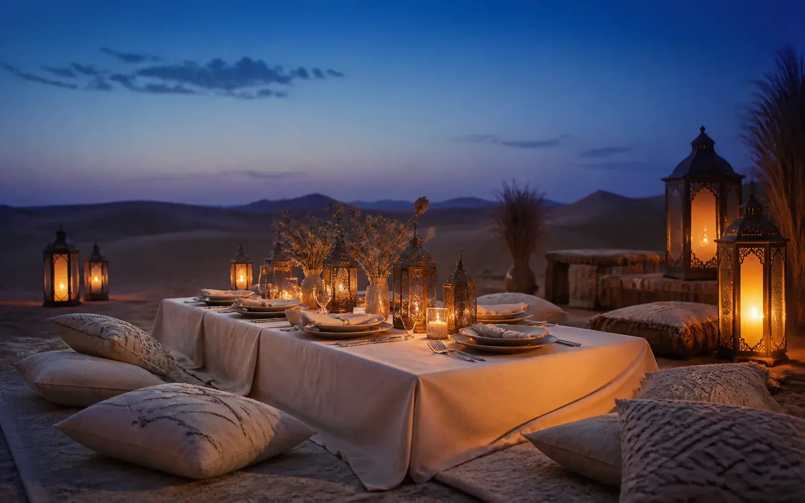 A laid dinner table at the desert camp, ready for guests