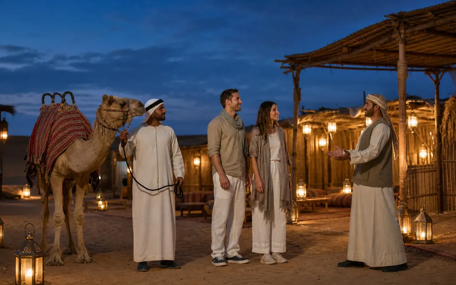 Travellers arriving by camel at a lantern-lit desert camp just after sunset