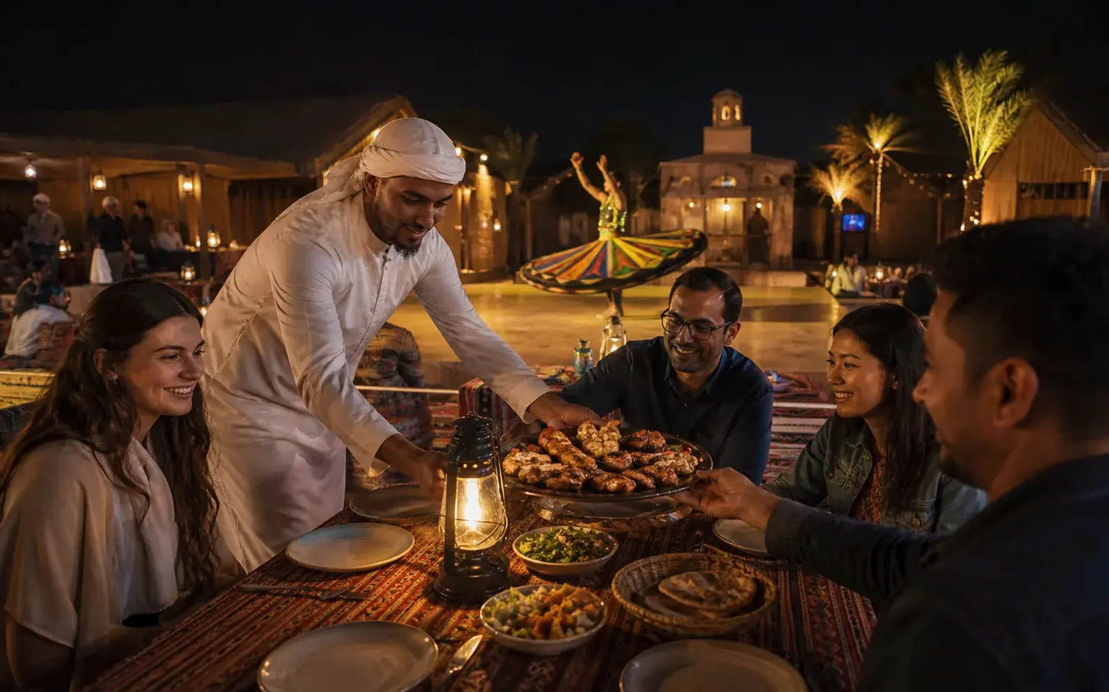 Outdoor desert-camp dinner with warm lanterns, buffet dishes and a live performance stage