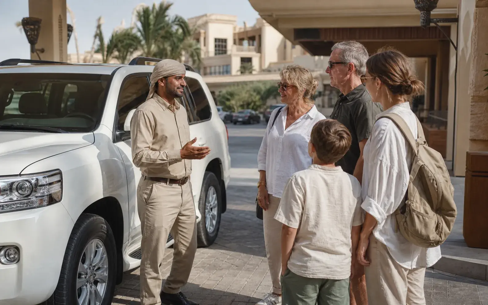 Safari guide welcoming travellers beside a white four-wheel-drive vehicle at a Dubai hotel entrance