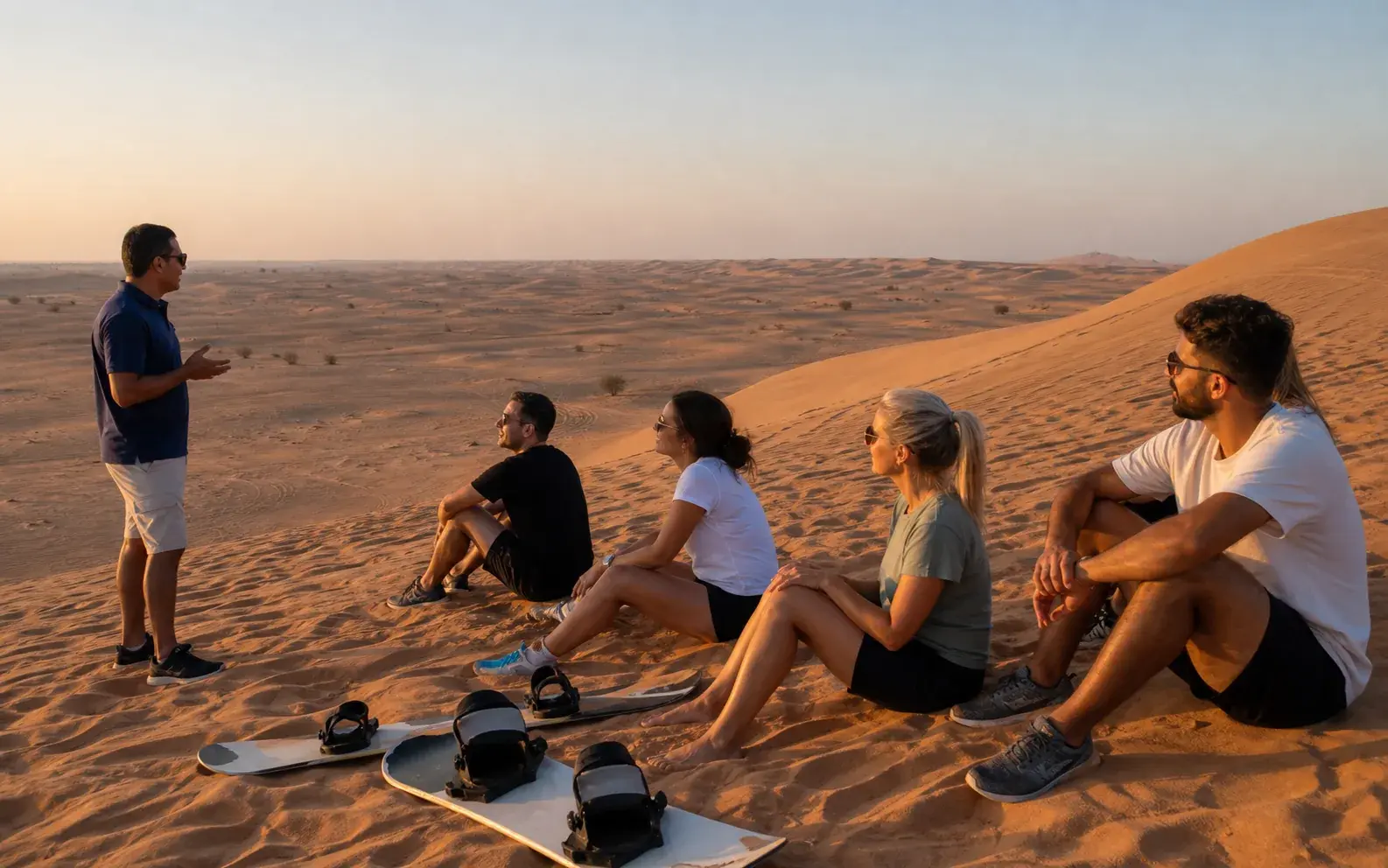 Travellers stopped on a red-dune ridge for sandboarding and photographs