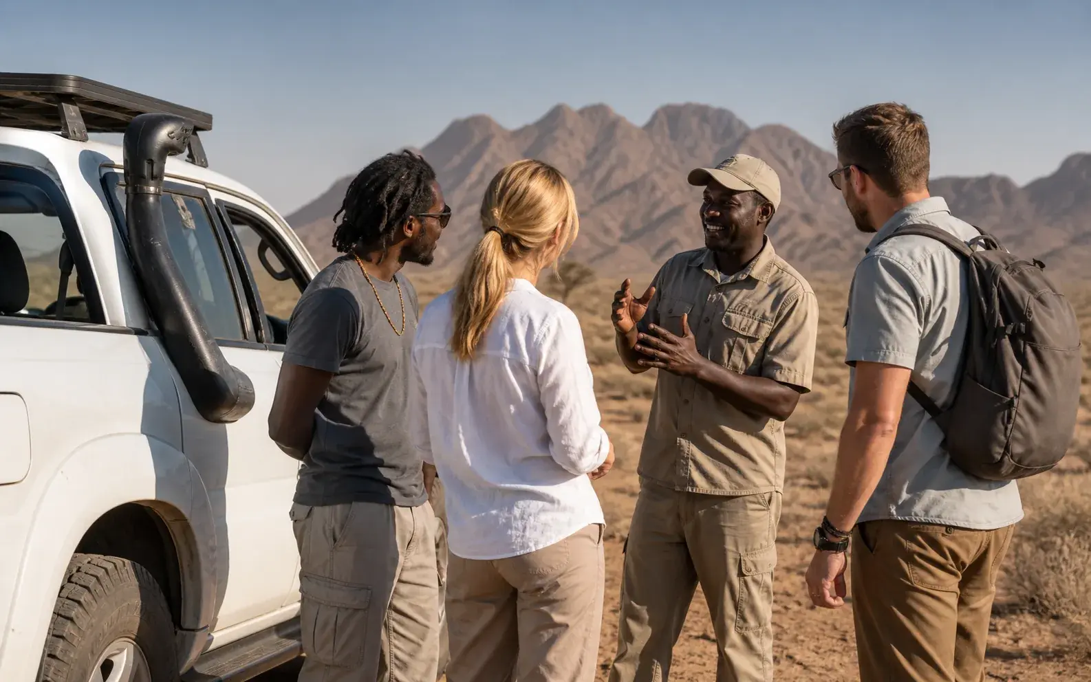 Safari guide greeting travellers beside a white 4x4 at a Dubai pickup