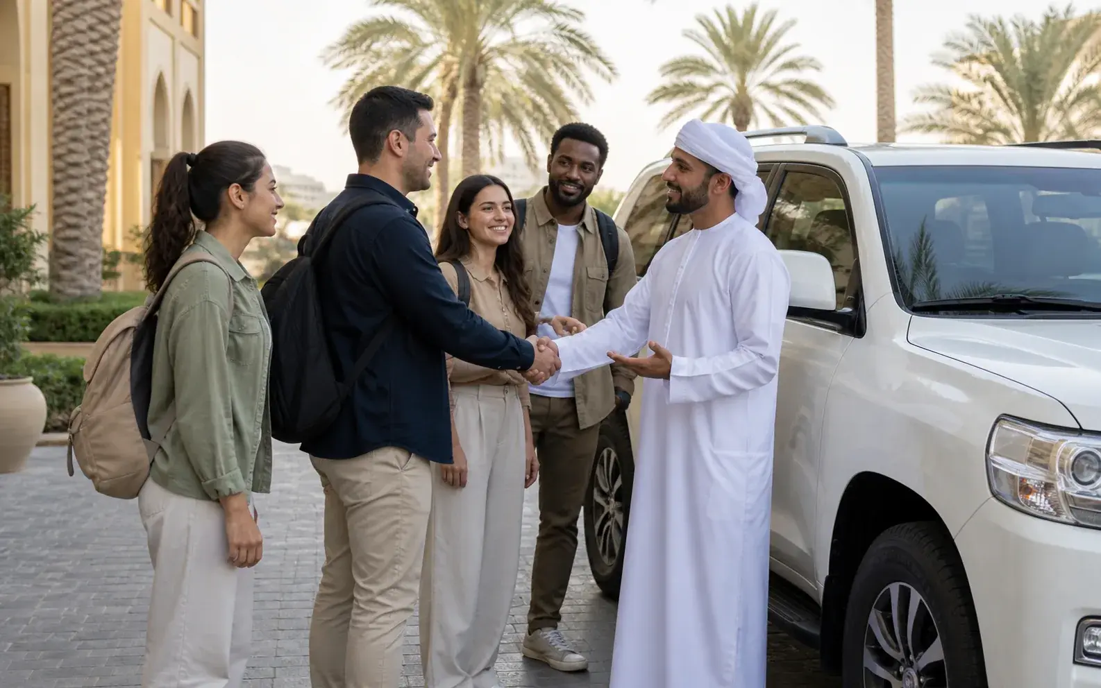 Safari guide meeting travellers beside a white four-wheel-drive vehicle in early Dubai morning light