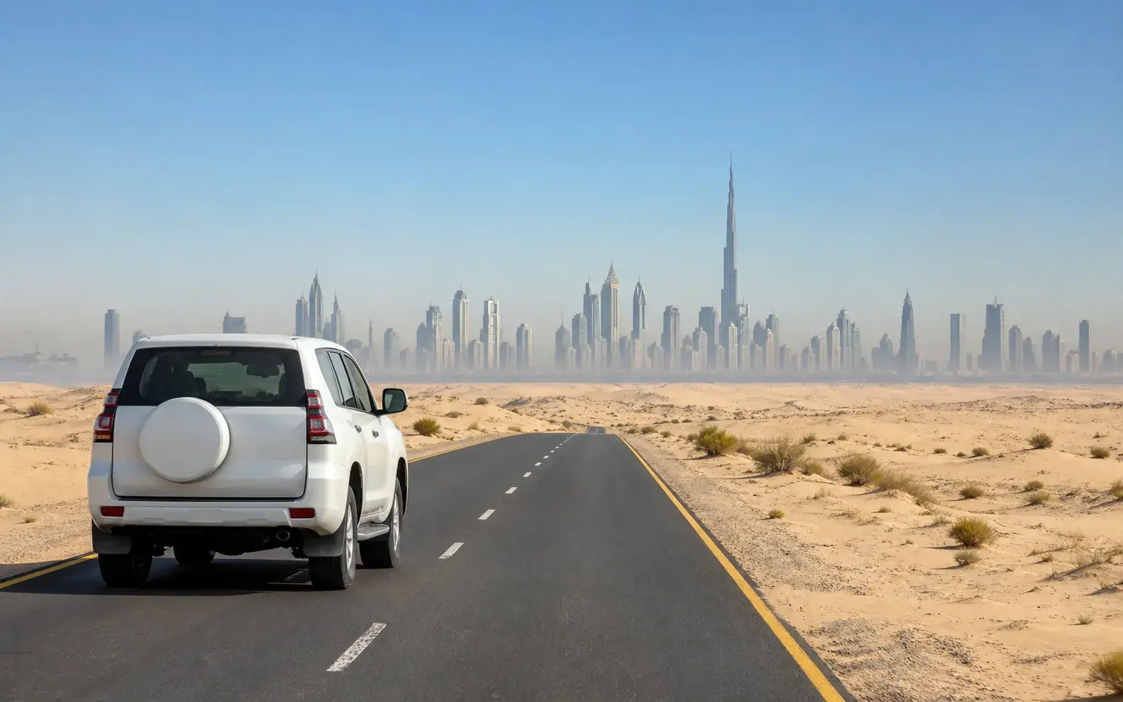 Safari vehicle returning toward Dubai before midday under a bright clear sky