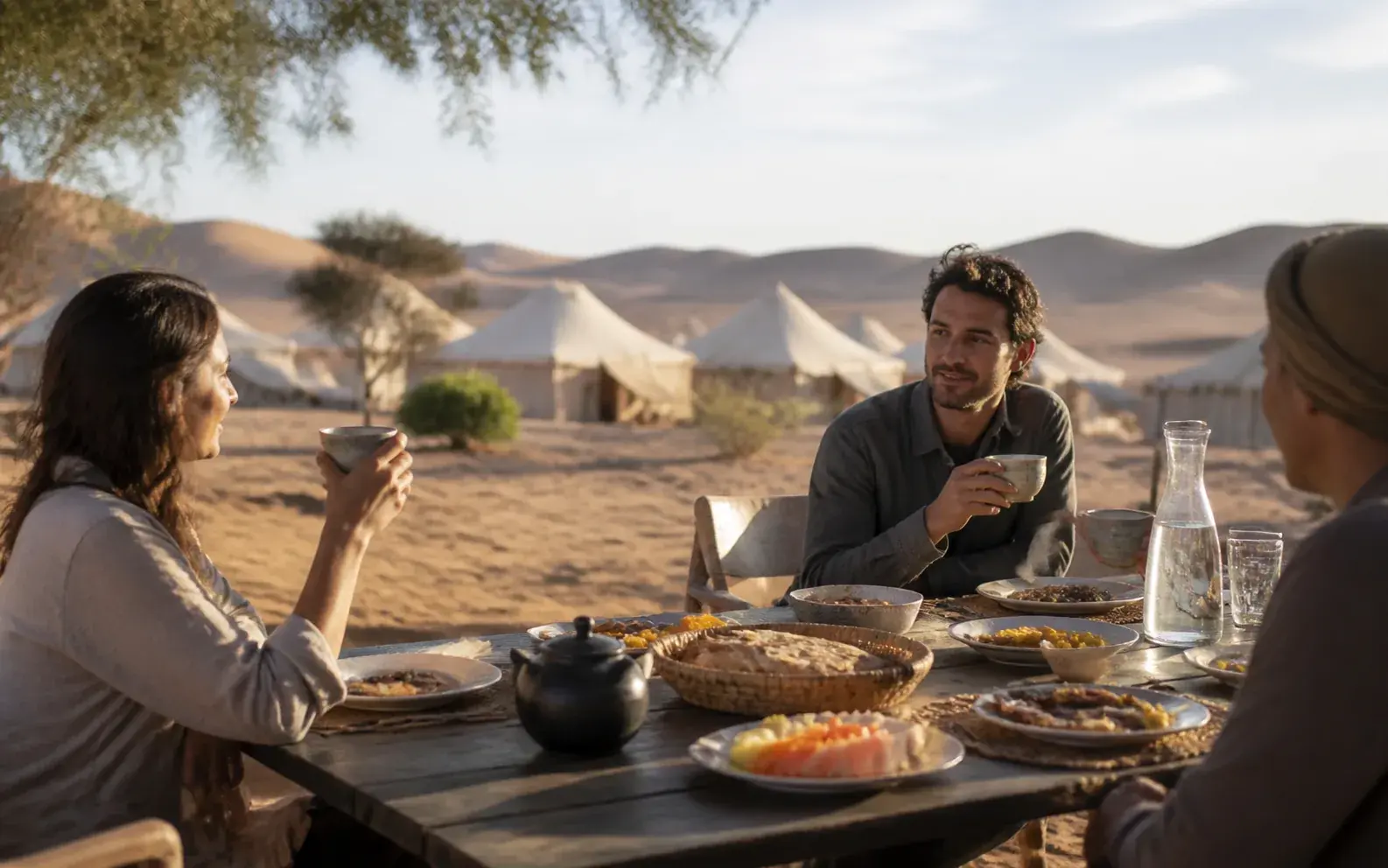 Simple freshly served breakfast at a desert camp in morning light
