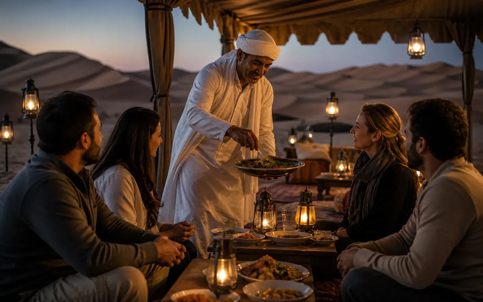 Warm desert camp dinner service before an overnight stay