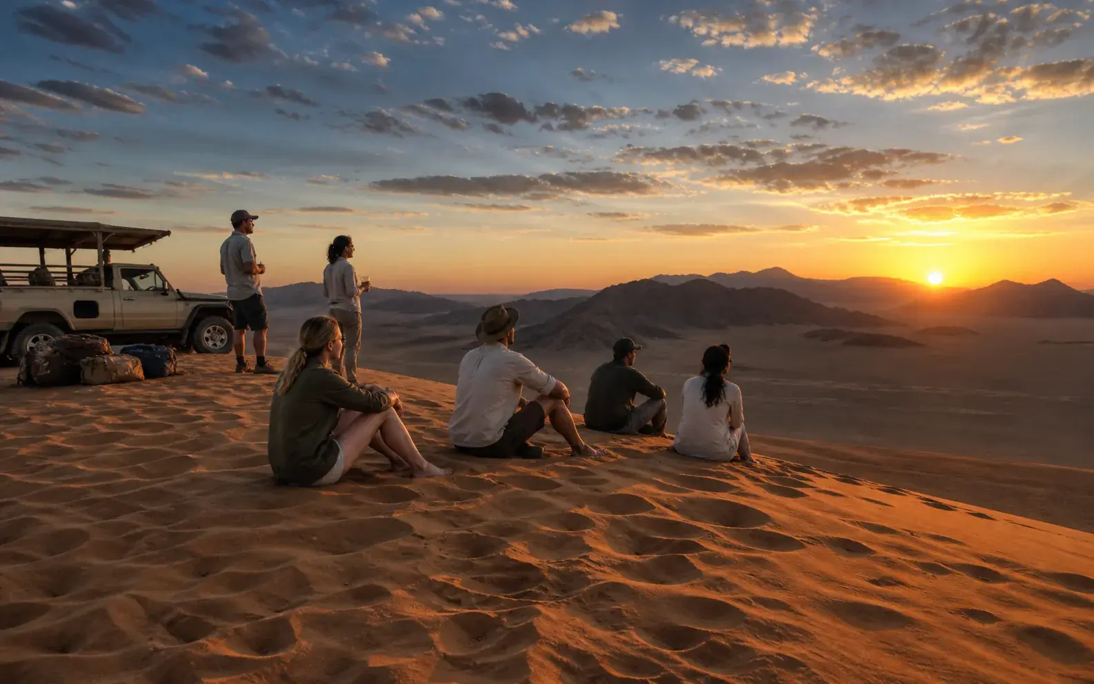 Overnight safari guests watching the desert sunset