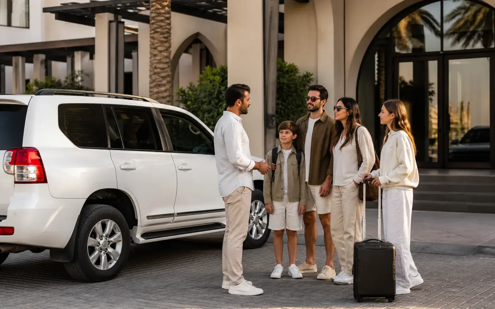 Guide greeting a family beside a white 4×4 at their Dubai hotel