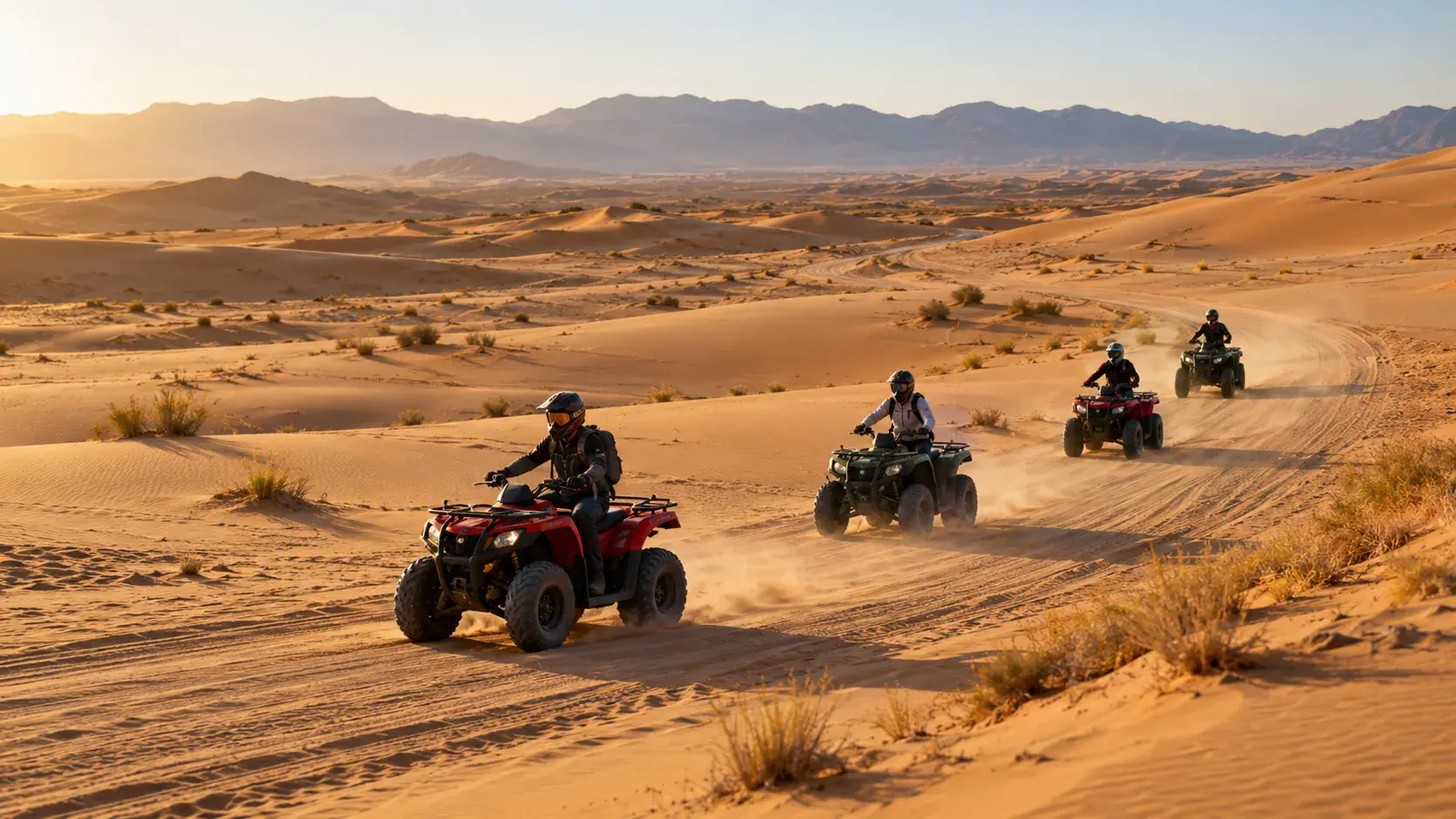 Illustration of helmeted riders on quad bikes in a line across the desert