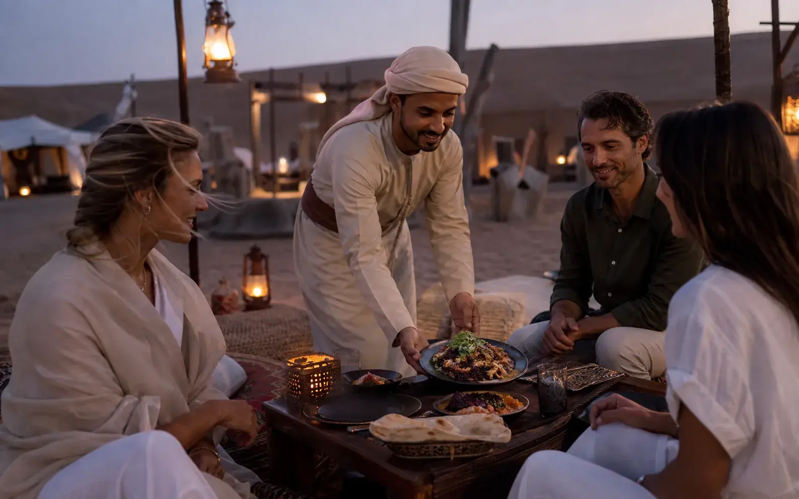 Close view of freshly grilled food served at an open-air desert table