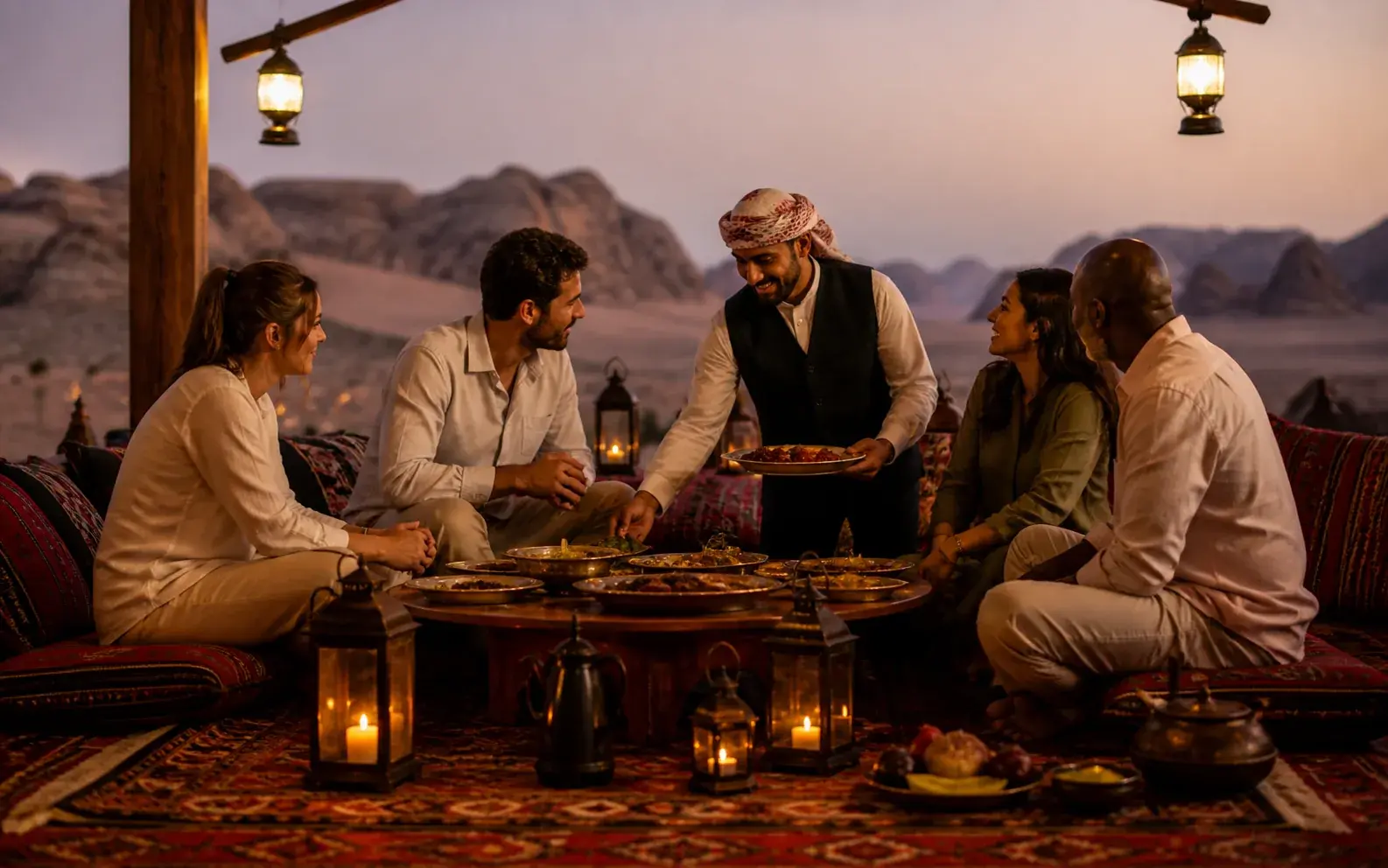 Dinner at a warmly lit desert camp table