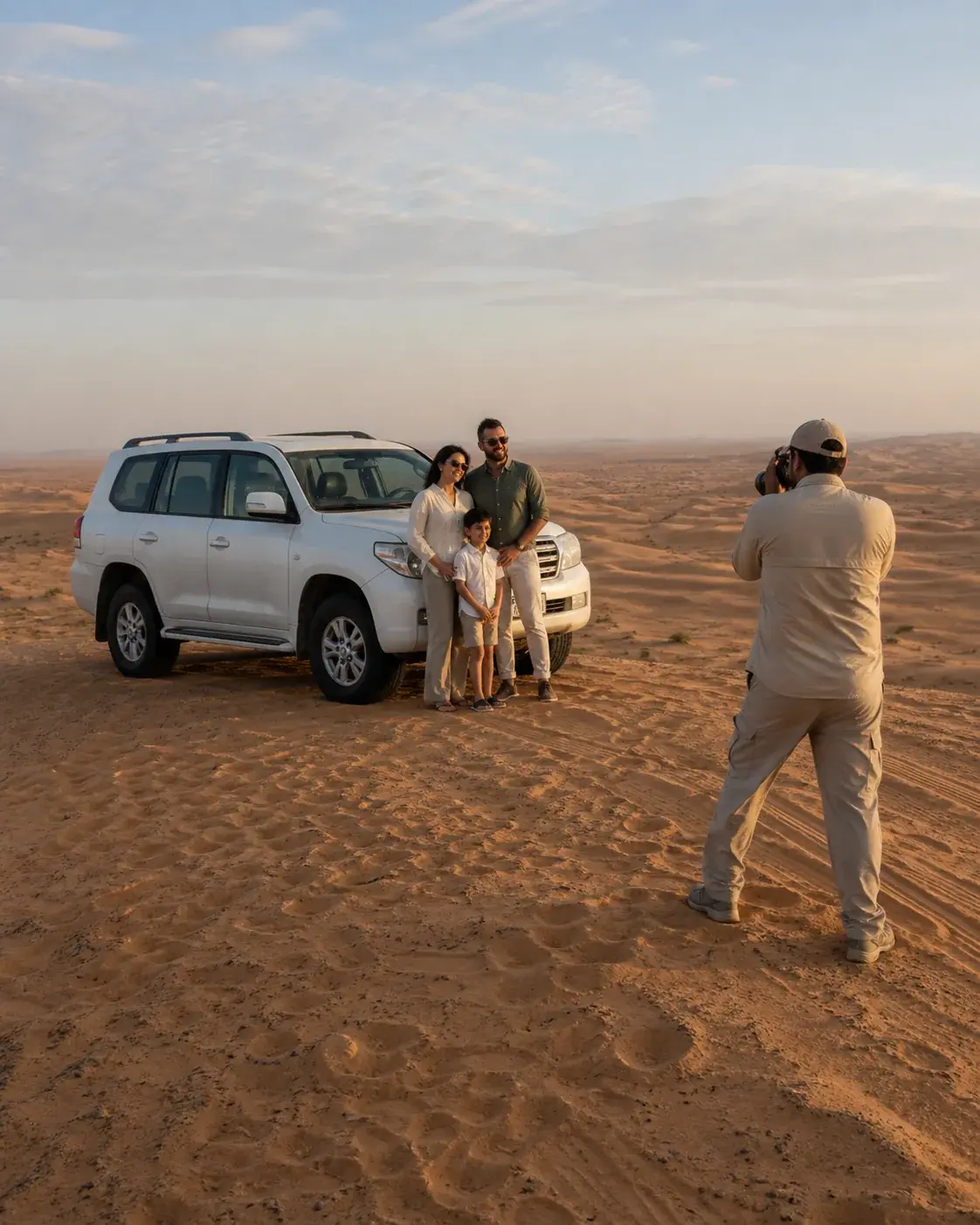 A private safari vehicle crossing warm Dubai dunes